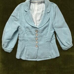 Vintage 1980s Sky Blue Tweed Peplum Blazer Puff Sleeve Crystal Buttons medium